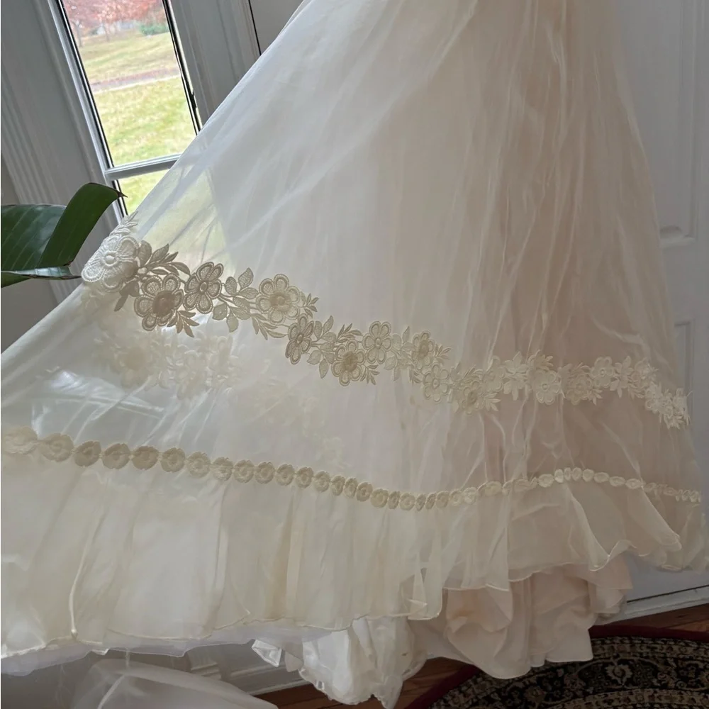 Vintage 1970s Prairie Wedding Gown – Organza Ruffles, Daisy Floral Appliqué - Picture 8 of 15